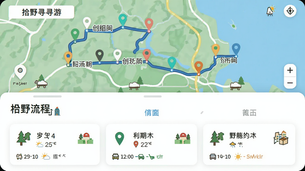 画面主体为拾野寻游APP的行程规划页面,屏幕上半部分显示地图路线,下半部分列出每日行程安排。布局采用上下结构,地图使用彩色标记点,行程卡片包含时间、地点和活动图标。风格清新明亮,细节包括天气信息、交通方式提示,画质高清,干净无多余元素。