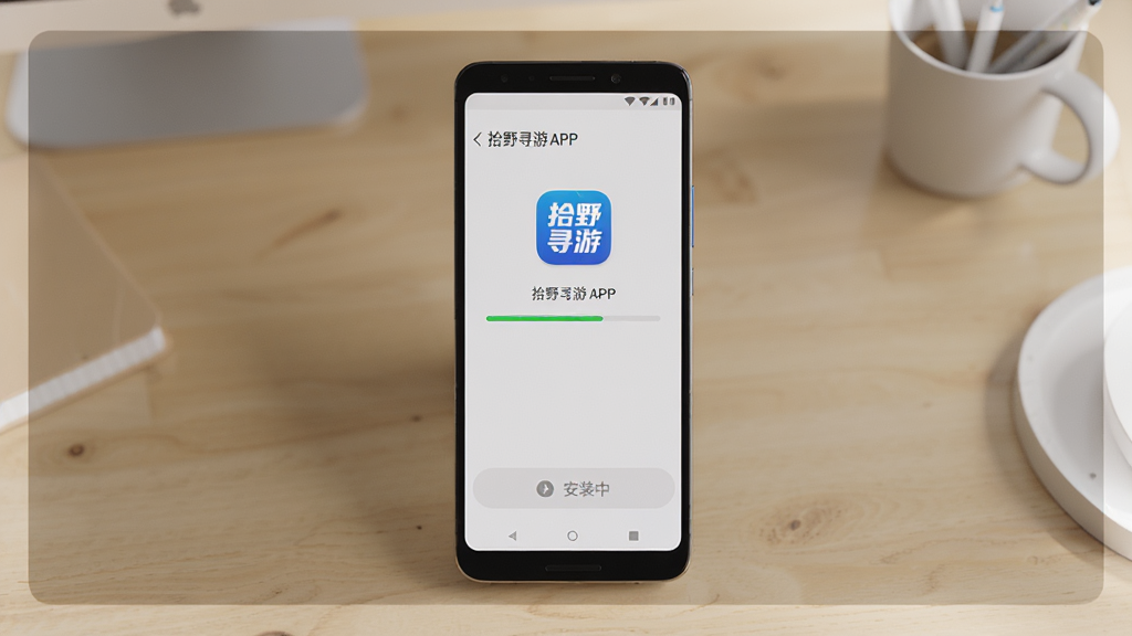 画面主体为一部安卓手机正在安装拾野寻游APP,屏幕上显示安装进度条,背景为简约桌面。布局采用居中构图,手机底部有“安装中”提示,四周留白。风格写实,光线柔和,细节包括应用图标高亮显示,画质清晰,干净无多余元素。