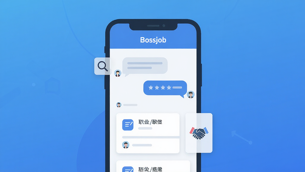 一幅现代扁平化风格的插画,主体是手机屏幕展示Bossjob应用界面,界面上有聊天气泡和职位卡片,背景是简洁的蓝色渐变,整体布局居中,排版干净,风格清新专业,细节包括放大镜图标和握手图标,画质高清,干净,无多余元素