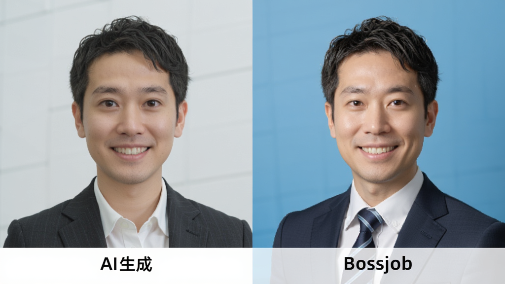 一张对比图,左侧为普通生活照,右侧为Bossjob生成的专业职业头像,右侧头像背景为纯色,人物穿着正装,面带微笑,布局为左右对比,风格简洁,细节有“AI生成”标签,画质高清,干净,无多余元素