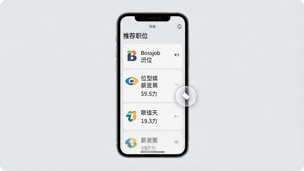 手机屏幕展示Bossjob职位推荐列表,上方有“推荐职位”字样,列表项包含公司logo、职位名称和薪资范围,背景是浅灰色,手机居中,排版清晰,风格简约商务,细节有滑动动画效果,画质高清,干净,无多余元素