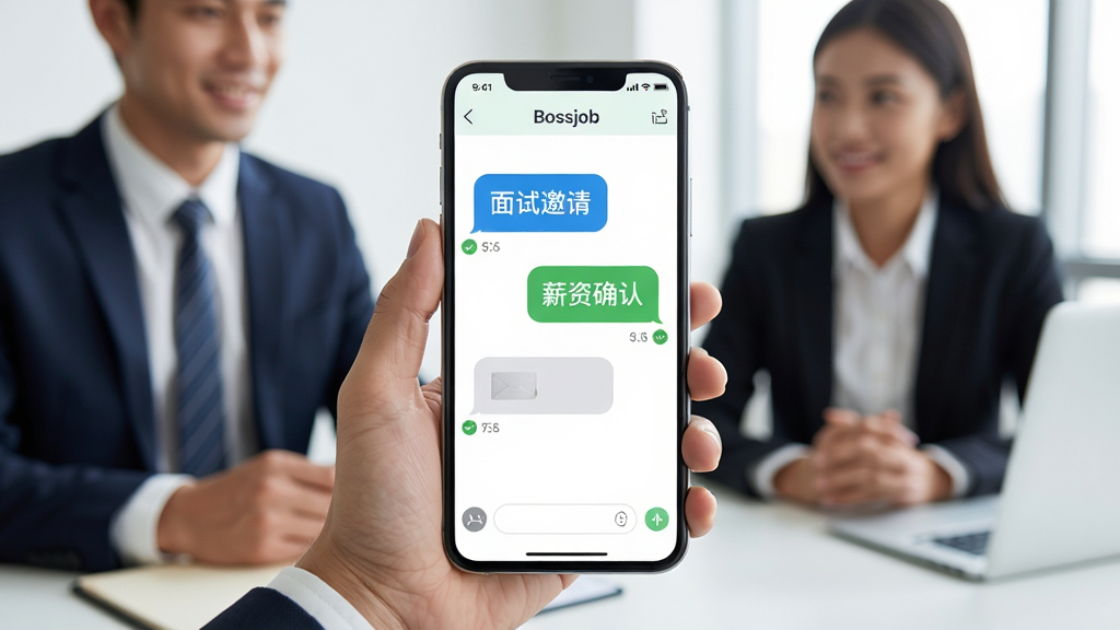 两位职场人士通过手机Bossjob应用进行对话,屏幕上有对话气泡,气泡内含有“面试邀请”和“薪资确认”文字,整体画面明亮,手机位于画面中央,布局清晰,风格写实,细节有消息已读回执图标,画质高清,干净,无多余元素