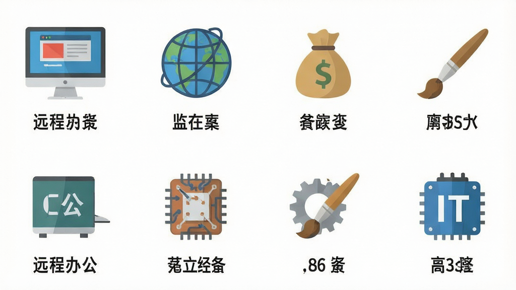 一幅展示Bossjob平台职位分类的图标墙,包含电脑、地球、钱袋、画笔等图标,每个图标下方有中文标签,背景为白色,布局整齐,风格扁平,细节有“远程办公”和“IT”字样,画质高清,干净,无多余元素