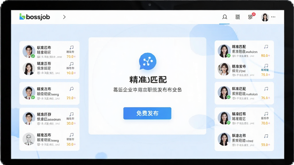 企业HR使用Bossjob后台发布职位,屏幕显示职位发布成功界面,有“免费发布”按钮,周围有候选人推荐列表,背景为浅蓝色,布局居中,风格商务,细节有“精准匹配”图标,画质高清,干净,无多余元素