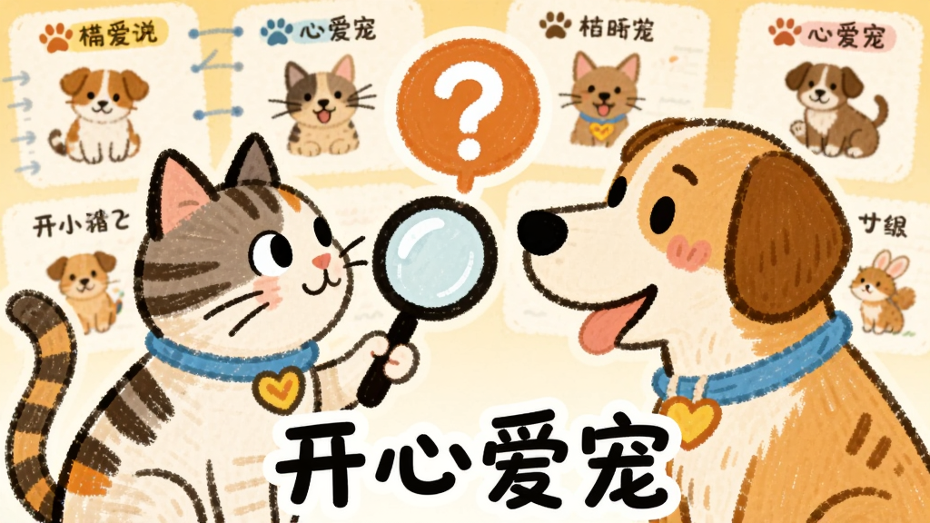 手绘风格插画,一只猫和一只狗面对面,中间有放大镜和问号图标,背景是各种宠物行为图鉴,“开心爱宠”字样出现在底部,色彩明快,画质干净,无多余元素。