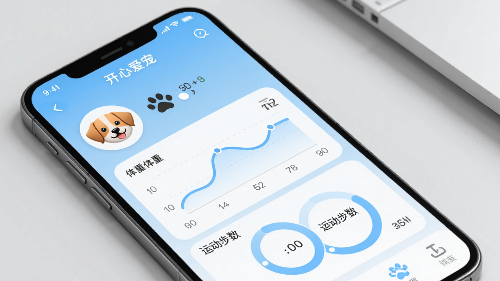 手机APP界面截图风格,展示“开心爱宠”的宠物档案页面,包含宠物头像、体重曲线图、运动步数圆环,界面设计简洁现代,以浅蓝色和白色为主色调,图标圆润,数据清晰,背景为浅灰色桌面,画质干净,无多余元素。