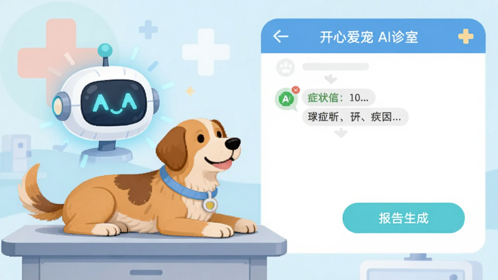扁平插图风格,一只宠物狗躺在诊疗台上,旁边是一个发光的AI机器人图标,界面显示“开心爱宠”AI诊室的对话窗口,有症状描述和报告生成按钮,背景为医疗十字图标,色彩柔和,画质清晰,无多余元素。