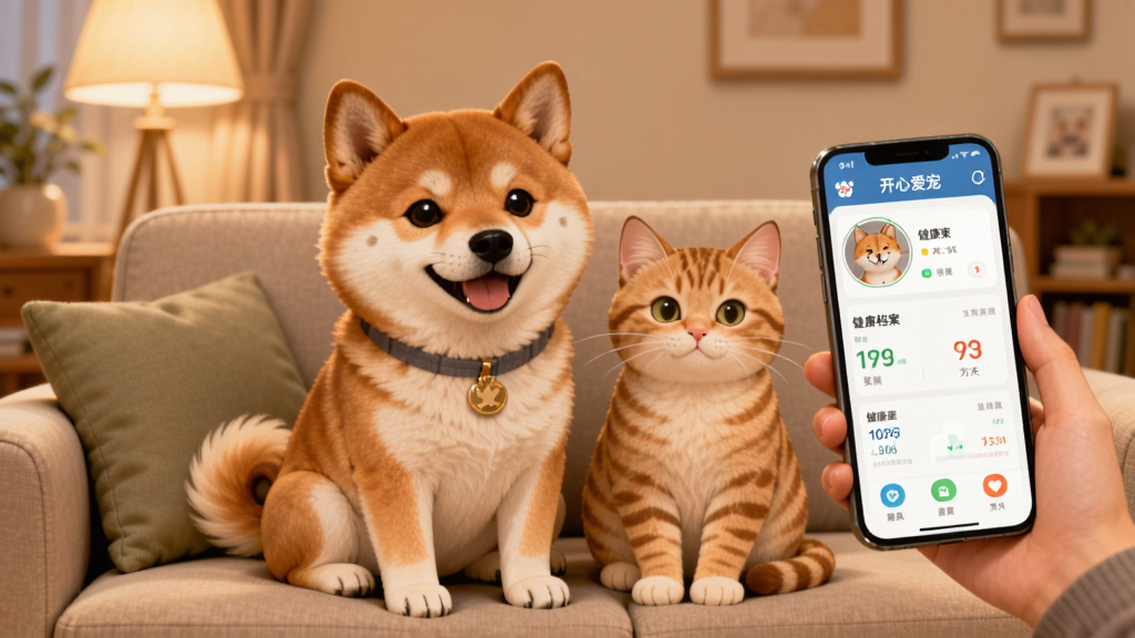 高清数字插画风格,画面中央是一只可爱的柴犬和一只橘猫并排坐在沙发上,主人手持手机打开“开心爱宠”APP界面,界面显示宠物档案和健康数据,背景是温馨的客厅,暖色调灯光,画面干净整洁,突出科技与温馨结合的氛围,画质高清,无多余元素。