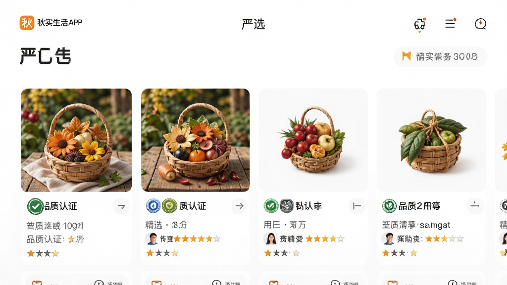 主体:秋实生活APP的“严选”频道页面,展示品质认证标识与精选商品,布局清晰,排版简洁,风格清新,细节包括商品详情与用户评价,画质高清,干净,无多余元素