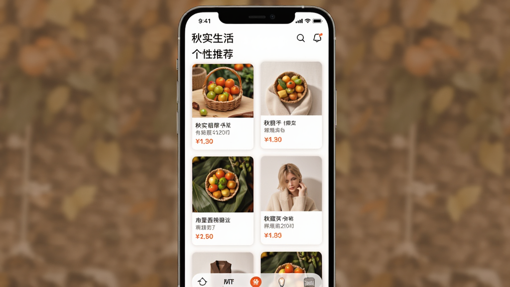 主体:秋实生活APP首页推荐信息流,包含个性化商品卡片,布局错落有致,排版舒适,风格时尚,细节展示商品名称和价格,画质细腻,干净,无多余元素