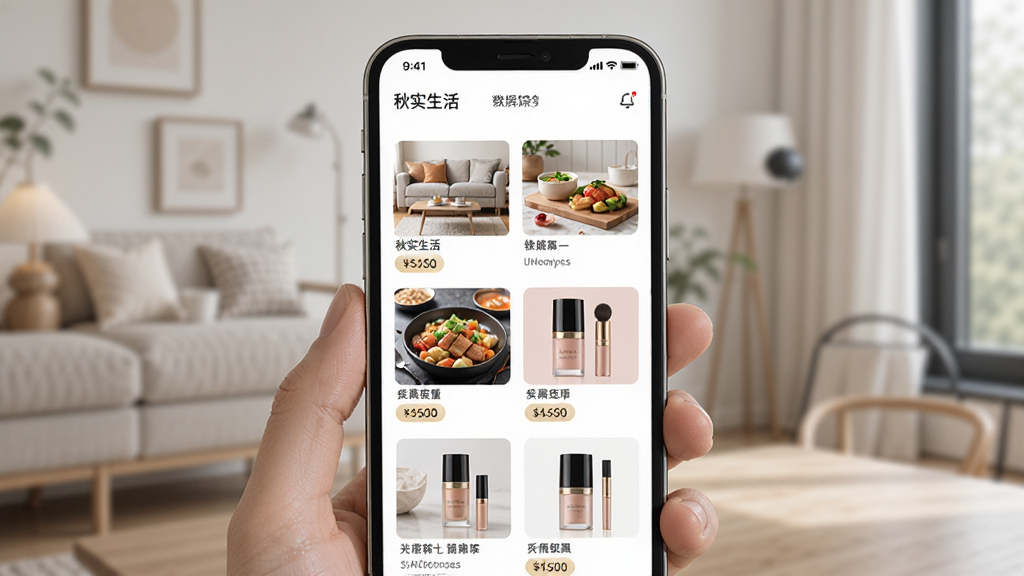 主体:秋实生活APP的界面展示,手机屏幕中呈现精美商品列表,包含家居、美食、美妆等品类,布局清晰,排版整洁,风格现代简约,细节展现商品图片与价格标签,画质高清,干净,无多余元素
