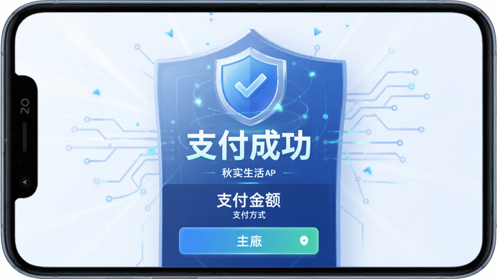 主体:秋实生活APP支付成功页面,显示订单金额与支付方式,背景融入安全盾牌图标,布局居中,排版清晰,风格科技感,细节有“支付成功”字样,画质清晰,干净,无多余元素