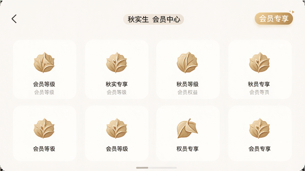 主体:秋实生活APP会员中心界面,展示会员等级与权益图标,布局对称,排版规整,风格轻奢,细节有“会员专享”标签,画质精致,干净,无多余元素