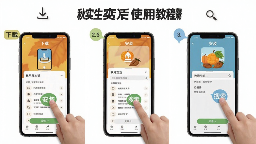 主体:秋实生活APP使用教程步骤图,展示手机操作界面与手指点击动作,布局分步展示,排版清晰,风格教学向,细节有“下载”“安装”“搜索”标签,画质清晰,干净,无多余元素