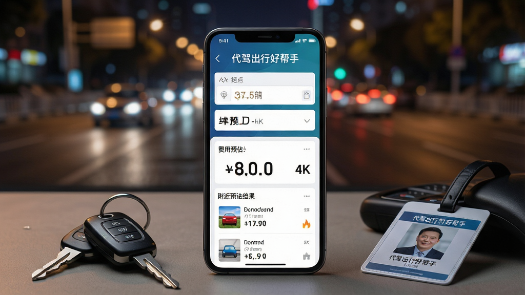 主体:一部智能手机屏幕展示代驾出行好帮手应用主界面,界面清晰显示起点终点输入框、费用预估结果和附近加油站列表,手机旁边放着车钥匙和驾驶工牌,背景为模糊的城市夜景道路,体现代驾工作场景,布局:手机居中,周围摆放相关物品,形成工作台场景感,排版:手机屏幕内容作为视觉焦点,信息层级分明,风格:写实摄影风,细节:屏幕内文字“代驾出行好帮手”清晰可见,油价数字醒目,画质:4K超清,干净无多余元素
