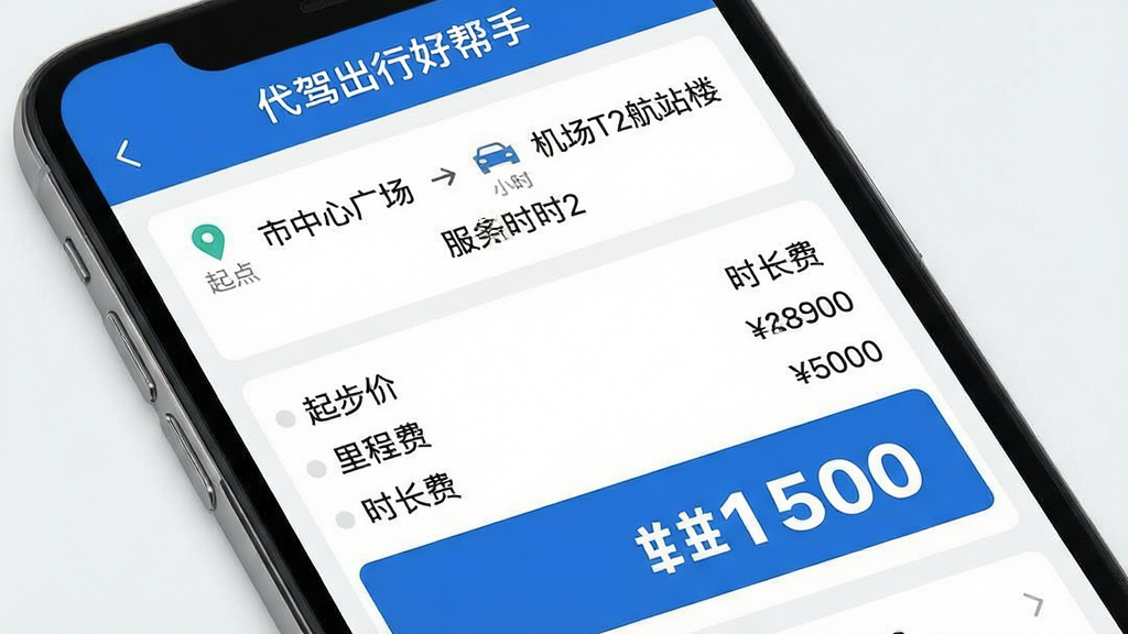 主体:代驾出行好帮手应用的费用估算功能页面,屏幕显示起点“市中心广场”到终点“机场T2航站楼”,服务时长2小时,下方清晰列出预估费用明细,包括起步价、里程费、时长费,合计金额突出显示,布局:手机界面特写,周围简洁,排版:费用明细列表整齐排列,总额使用大号字体,风格:扁平化UI设计,细节:页面顶部有“代驾出行好帮手”字样,金额数字清晰,画质:高清,干净无多余元素