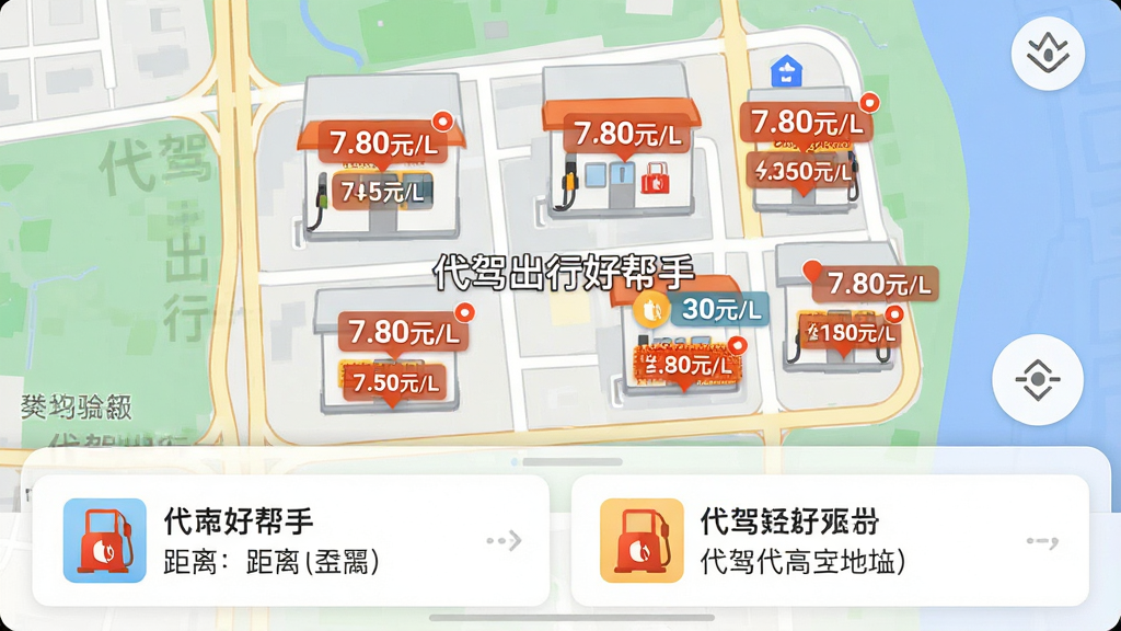 主体:代驾出行好帮手应用的地图界面,显示附近加油站分布,每个油站图标带有油价标签,例如“7.80元/L”,底部有油站列表卡片,展示距离和地址,布局:地图占据主要画面,底部卡片浮层,排版:地图标注清晰,卡片信息简洁,风格:高德地图风格,细节:地图上有“代驾出行好帮手”水印,风格写实,画质:高清,干净无多余元素