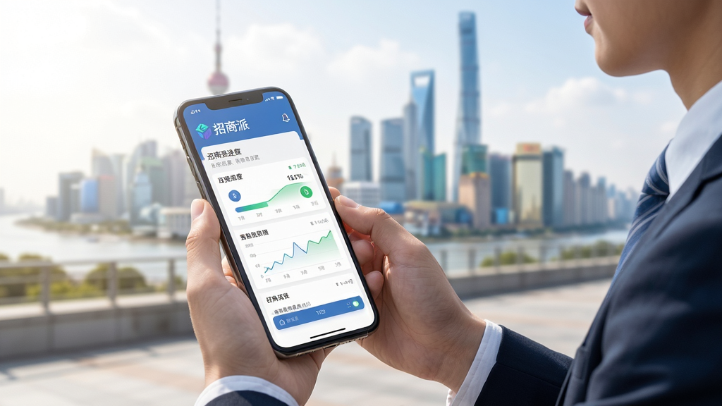 招商派手机端使用场景图,展示招商人员在户外使用手机查看企业信息,界面清晰显示“招商派”项目进度,背景为城市天际线,明亮自然光线,构图简洁,画质高清干净