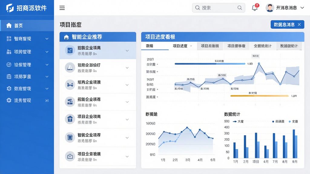 招商派软件主界面预览图,展示智能企业推荐列表、项目进度看板、数据统计图表,界面采用蓝白商务风格,布局清晰,左侧导航栏,右侧内容区,顶部搜索与消息通知,整体简洁大气,画质高清,干净无多余元素