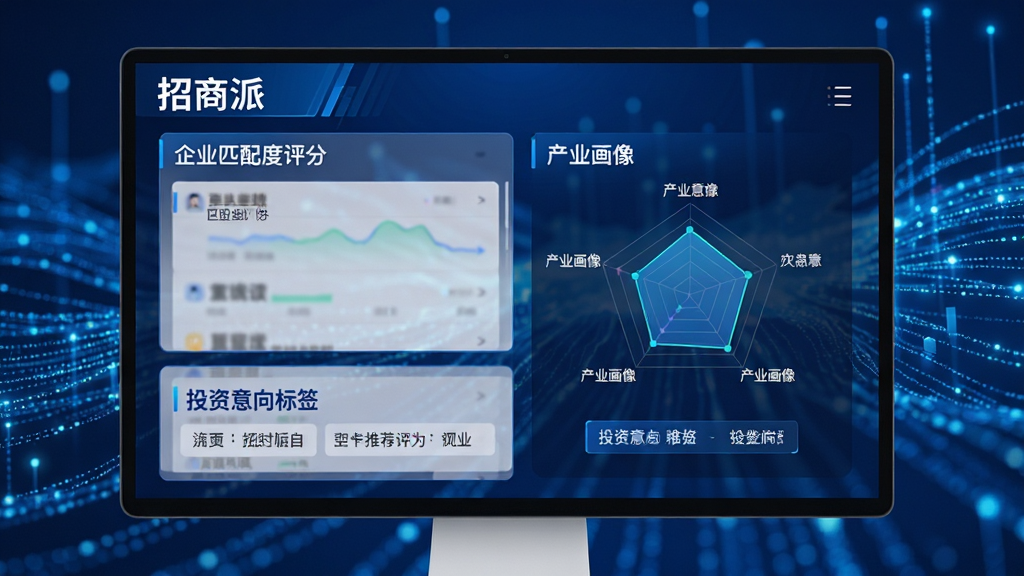 招商派AI智能推荐功能示意图,屏幕展示企业匹配度评分、产业画像雷达图、投资意向标签,背景为数据流动效果,画面以蓝色科技感为主,布局合理,文字清晰标注“招商派”,画质干净高清
