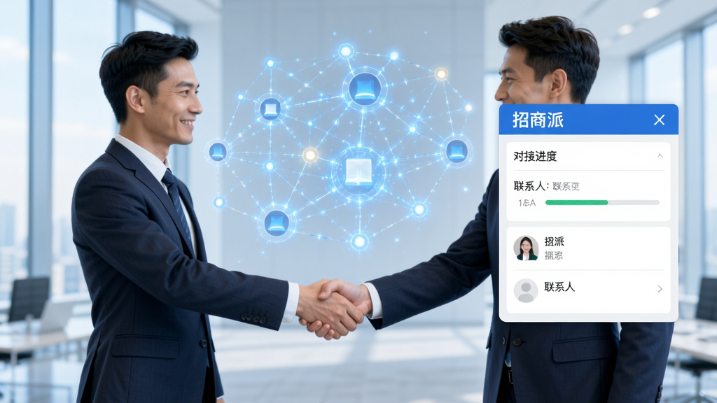 招商派企业对接功能展示图,画面中商务人士握手,背景有虚拟网络连接线,代表资源伙伴网络,界面浮窗显示“招商派”对接进度、联系人信息,整体明亮商务风格,布局清晰,画质高清干净