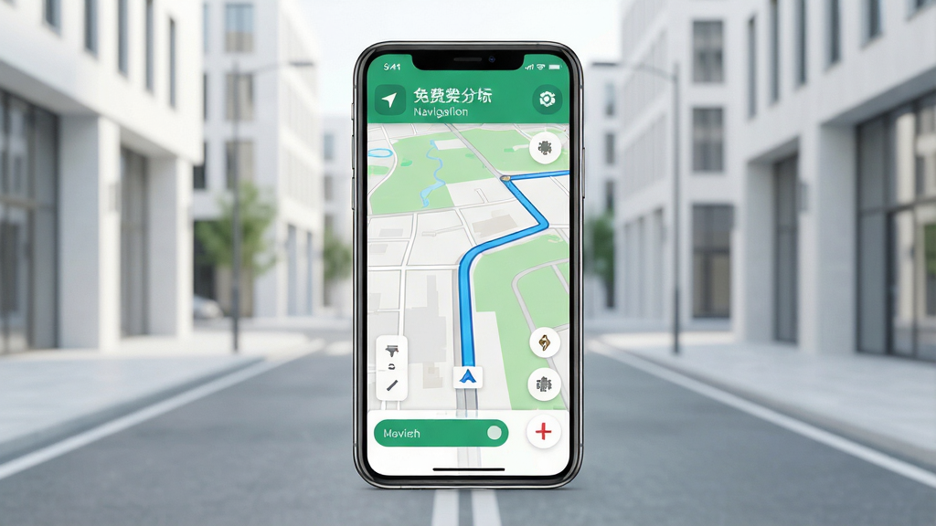 一张智能手机屏幕展示手机免费导航应用的主界面,地图路线清晰可见,画面明亮干净,背景为简约现代的城市街道,整体布局居中,风格清新自然,细节丰富,画质高清,无多余元素