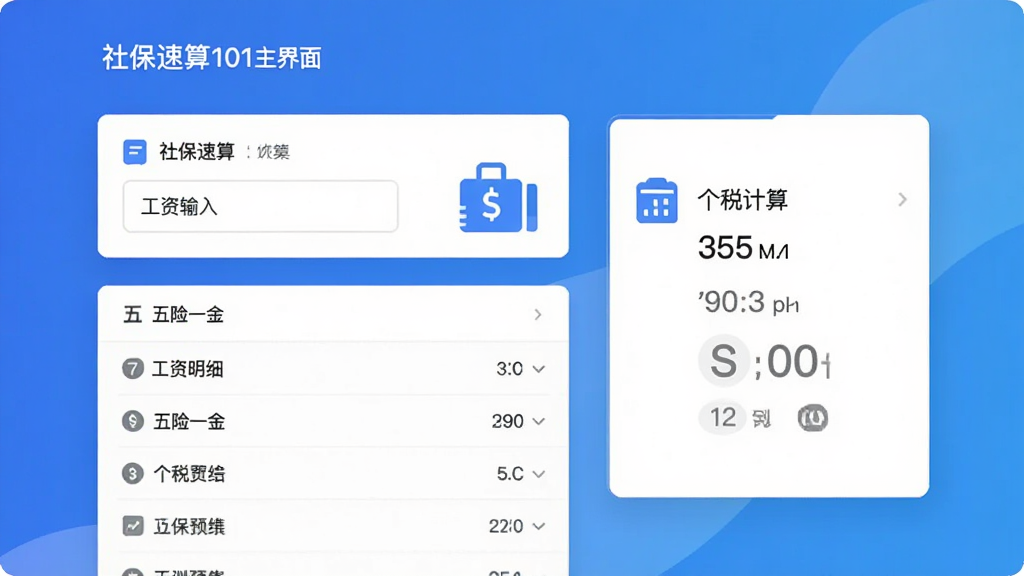 社保速算101主界面预览图:展示工资输入区、五险一金明细列表、个税计算结果显示卡片,整体采用蓝色渐变背景,白色卡片区域,图标简洁清晰,布局规整,现代扁平化设计风格,画质干净,无多余元素