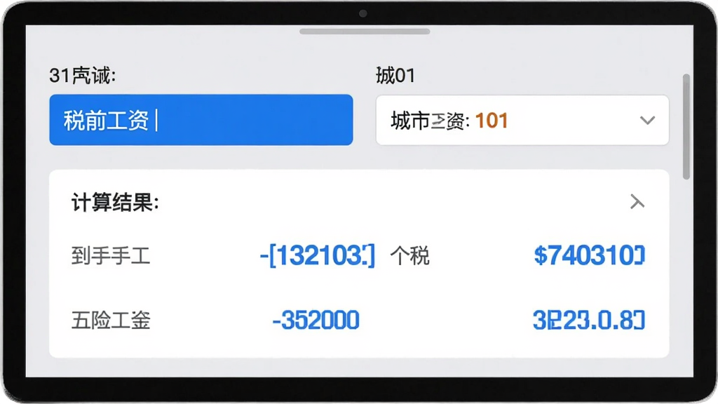 社保速算101工资测算界面截图:显示税前工资输入框、城市选择器、计算结果卡片展示到手工资、个税、五险一金金额,界面采用浅灰底色,数据用蓝色突出显示,布局清晰,排版整齐,风格现代,画质干净
