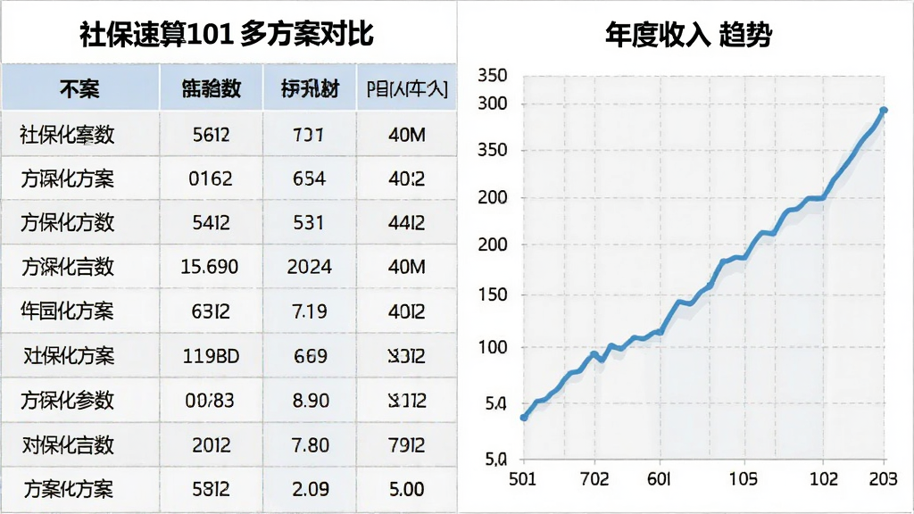 社保速算101多方案对比表格与趋势折线图:左侧表格列出不同方案参数,右侧显示年度收入趋势折线图,蓝色线条,浅灰网格背景,整体布局清晰,数据可视化,风格简洁,画质干净