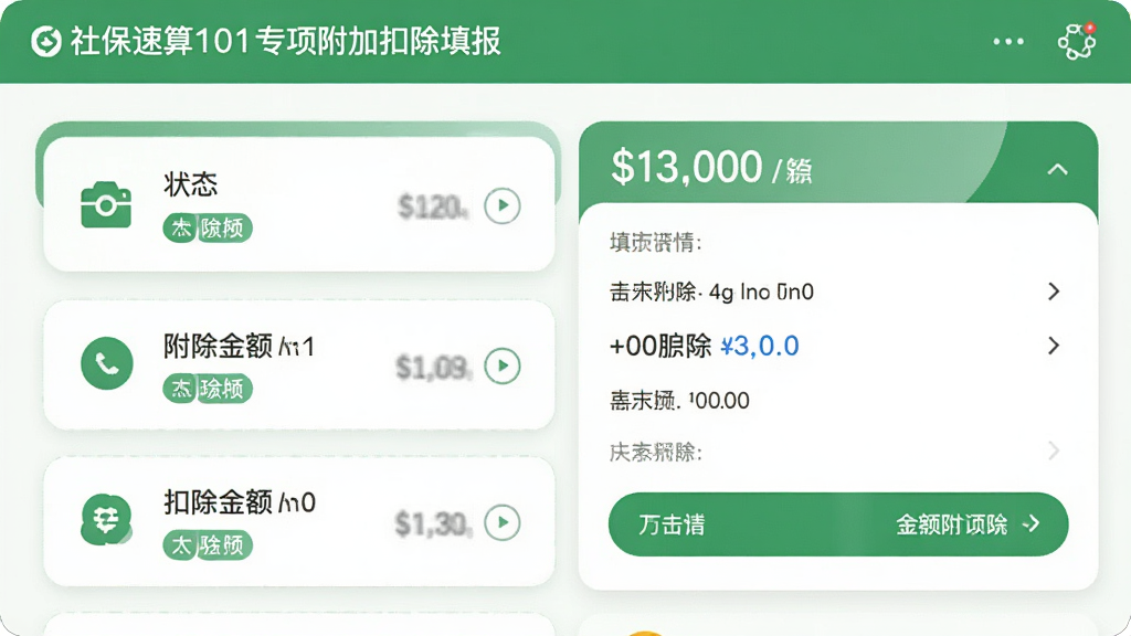 社保速算101专项附加扣除填报界面:显示扣除项目列表,每个项目带有图标和状态标签,点击后可展开填报详情,界面采用绿色系配色,卡片式布局,圆角设计,清晰展示扣除金额,风格清爽,画质干净