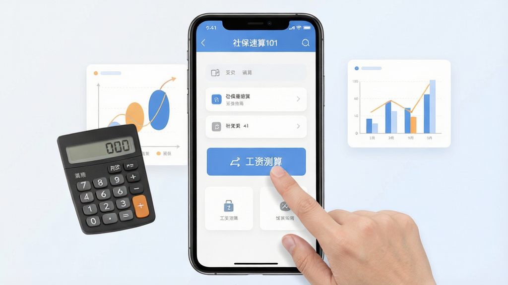 社保速算101手机操作演示图:一部智能手机屏幕显示软件主界面,手指点击工资测算按钮,周围有计算器与图表元素,背景浅色,构图简洁,突出操作,风格现代,画质干净