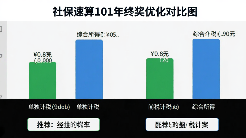 社保速算101年终奖优化对比图:显示两种计税方案的税后金额柱状对比,绿色代表单独计税,蓝色代表综合所得,底部有推荐标签,界面简洁,图表清晰,黑白灰背景,突出数据,风格专业,画质干净