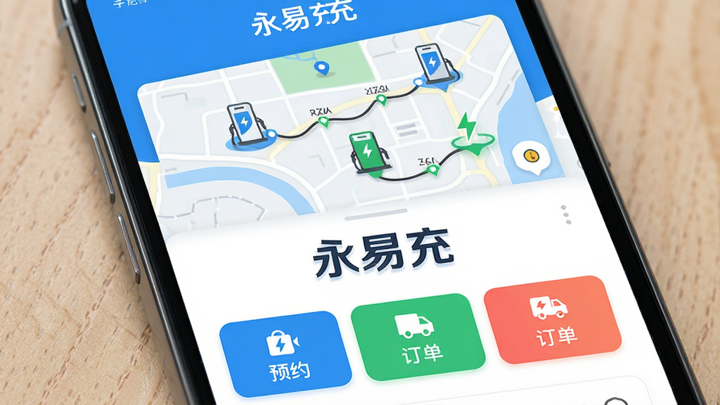 画面主体为一部智能手机屏幕,屏幕内展示“永易充”APP的首页界面,界面上方显示地图与充电桩分布图标,下方排列充电、预约、订单等彩色功能按钮;整体采用扁平化设计风格,蓝色与白色为主色调,配以绿色充电标识点缀;布局清晰,排版整洁,画质高清,干净无多余元素,突出APP名称“永易充”字样。