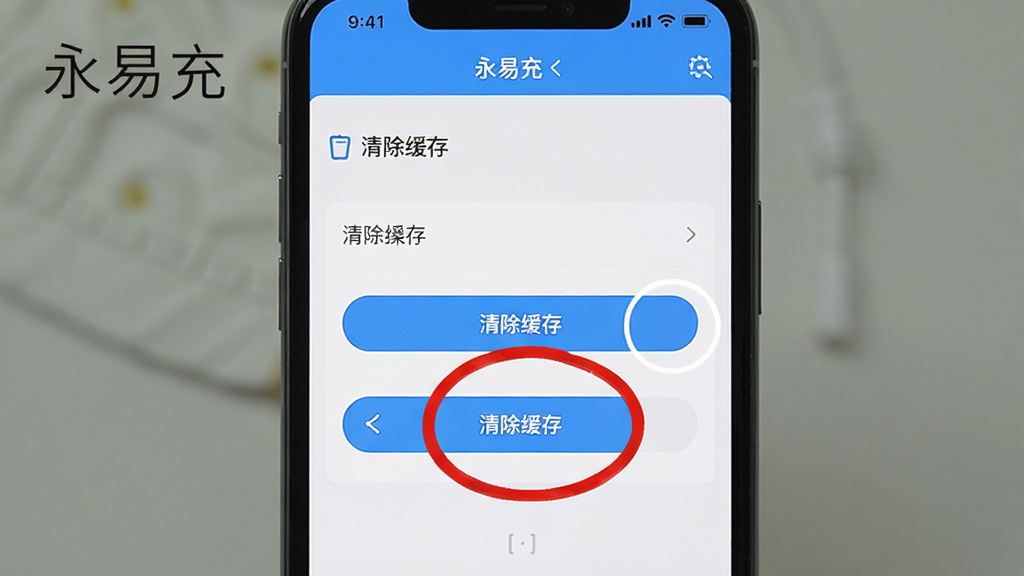画面主体为手机截图教程,展示“永易充”APP设置页面中“清除缓存”操作步骤,用红色圆圈标出按钮位置;背景为简洁的手机界面;布局以教程步骤为核心,排版清晰;风格扁平化,画质高清,干净无多余元素,文字标注“永易充”与“清除缓存”。