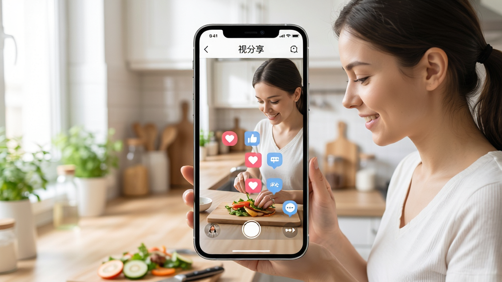 生活化场景,手机竖屏界面展示“视分享”APP,画面中一位年轻女子正在拍摄美食制作视频,屏幕内显示点赞、评论动画图标,背景是明亮的厨房环境,采用自然光摄影风格,布局以手机为中心,四周留白,排版清晰,细节真实,画质高清干净,无多余元素