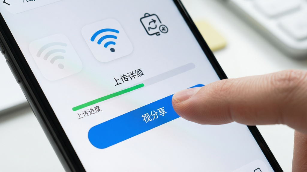 手机操作特写,画面中手指点击“视分享”APP的发布按钮,屏幕显示上传进度条,周围有Wi-Fi图标和缓存清理图标,背景为简约桌面,采用微距摄影风格,布局聚焦手指与屏幕,排版清晰,细节丰富,画质干净无多余元素