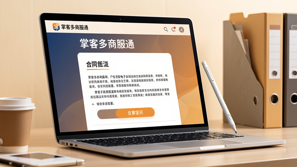 ���壺һ̨�ʼǱ�������Ļ��ʾ���ƿͶ��̷�ͨ����֤ǩ���Ӻ�ͬǩ��ҳ�棬��ͬ�ı������ɼ����Ա���һ֧���رʡ����֣�����ͼ��������ĻΪ���塣�Ű棺��ͬ�����Ű�淶����ť��Ŀ���������칫���ɫ��ƫů��ϸ�ڣ���Ļ���С��ƿͶ��̷�ͨ���ı�ʶ�������п��ȱ����ļ��С����ʣ�4K���ɾ����޶���Ԫ�ء�