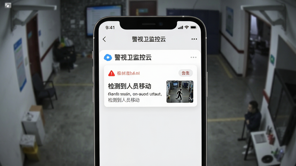 一张手机收到异常告警通知的界面截图预览图,主体为手机屏幕,显示“警视卫监控云”APP推送的“检测到人员移动”告警卡片,背景是监控画面。布局简洁,风格现代,细节包括红色告警标识与实时监控缩略图,画质清晰干净。