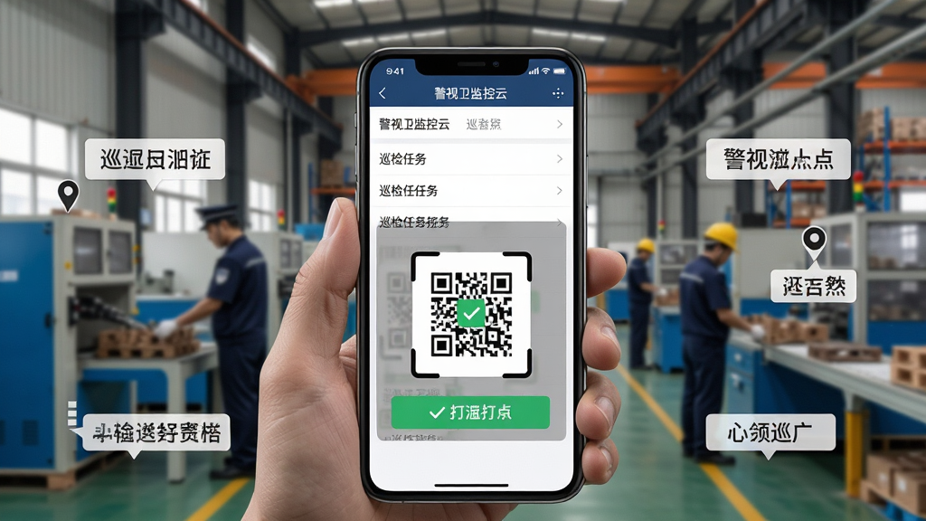 一张展示安保人员使用手机APP进行巡检打卡的场景图,主体是手机屏幕特写,屏幕上显示“警视卫监控云”巡检任务列表与扫码框,背景是工厂车间或仓库环境。布局为手机居中,周围有打卡点位标签。排版清晰,风格纪实,细节体现手机界面打卡成功提示与背景环境,画质干净无多余元素。