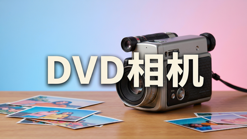 高清摄影棚内,一台复古风格的DVD摄像机放置在木质桌面上,旁边散落着几张色彩鲜艳的照片,背景是柔和的渐变蓝色与粉色,画面中央有醒目的艺术字标题“DVD相机”,整体布局简洁干净,风格现代且带有怀旧气息,细节丰富,画质清晰,无多余元素