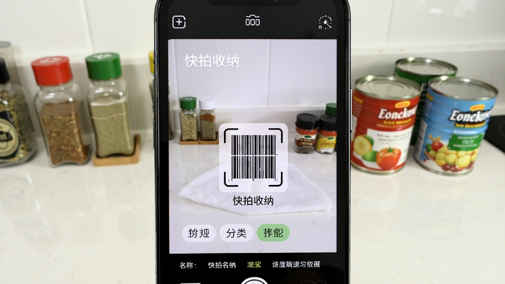 一张特写手机拍摄物品的图片,手机屏幕上显示“快拍收纳”识别结果,包括物品名称、条码扫描动画和分类标签,背景为干净的厨房台面,摆放着调味品和罐头,画面清晰明亮,强调识别速度和准确性,画质细腻,无多余元素