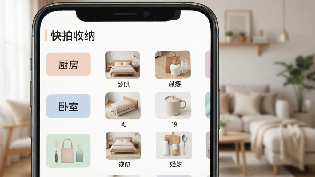 一张手机界面截图风格图片,展示“快拍收纳”的物品分类列表,左侧为位置标签如“厨房”“卧室”,右侧为物品缩略图与名称,列表布局清晰,色彩柔和,背景为虚化的家居环境,突出分类管理的井井有条,画质干净,无多余元素