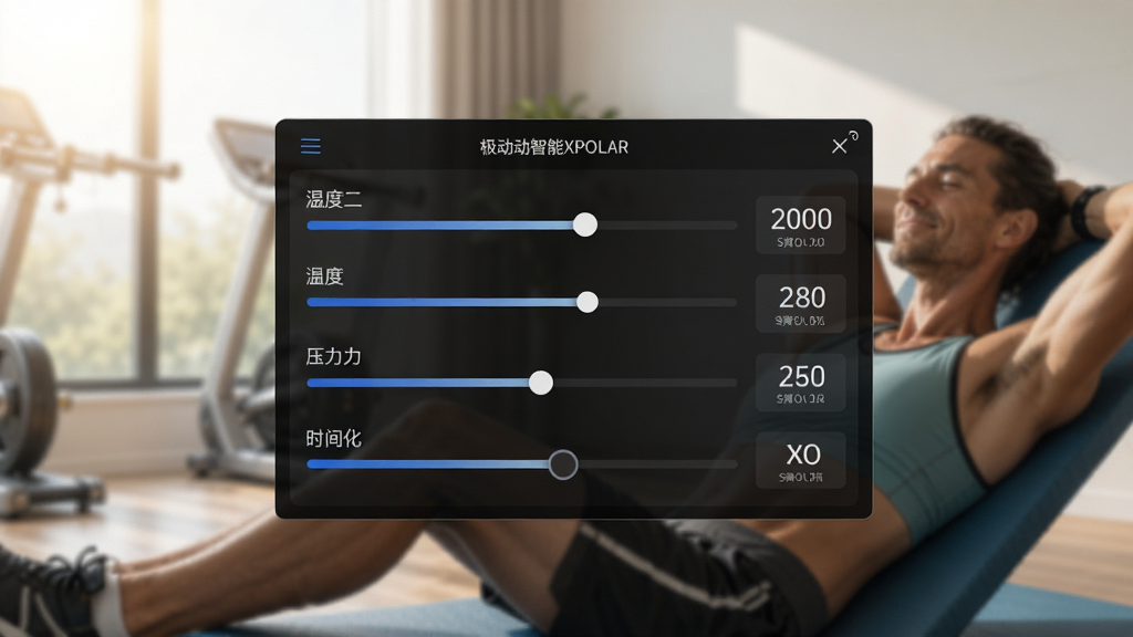 极动智能XPOLAR参数调节界面,滑动条控制温度压力与时间,界面设计直观,数值显示清晰,背景为运动后放松场景,画质细腻,干净无多余元素