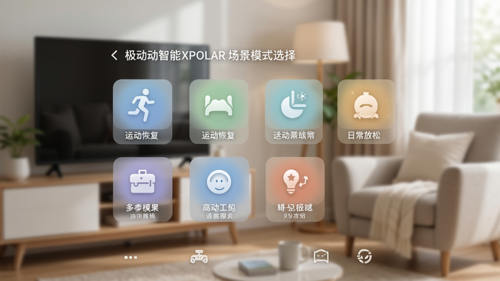 极动智能XPOLAR场景模式选择界面,展示运动恢复、日常放松等多种模式图标,界面色彩柔和,布局清晰,背景为居家放松环境,画质高清,干净无多余元素