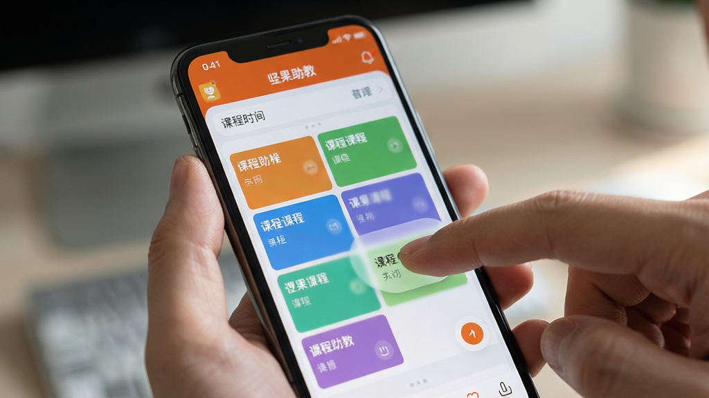 特写画面,一只手正在智能手机的“坚果助教”应用上通过拖拽操作调整课程时间,屏幕上的课程表色块清晰,交互流畅。背景虚化,突出软件界面。布局以手机屏幕为中心,排版干净,风格写实,细节丰富,画质高清且无多余元素。