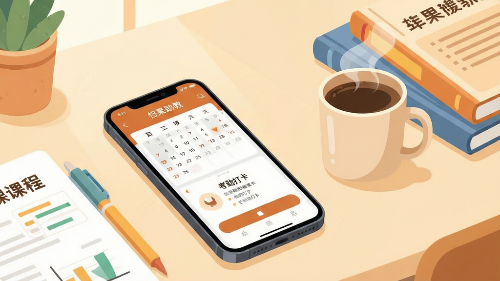 一幅温暖明亮的办公桌面场景,主体是一台运行着“坚果助教”主界面的智能手机,屏幕清晰展示课程日历与考勤打卡界面,手机旁边摆放着一杯冒着热气的咖啡和几本教案。整体布局采用平视视角,排版简洁明快,突出软件界面与教师工作场景的融合。风格为现代扁平插画风,注重细节表现,画质干净清晰,无多余元素。