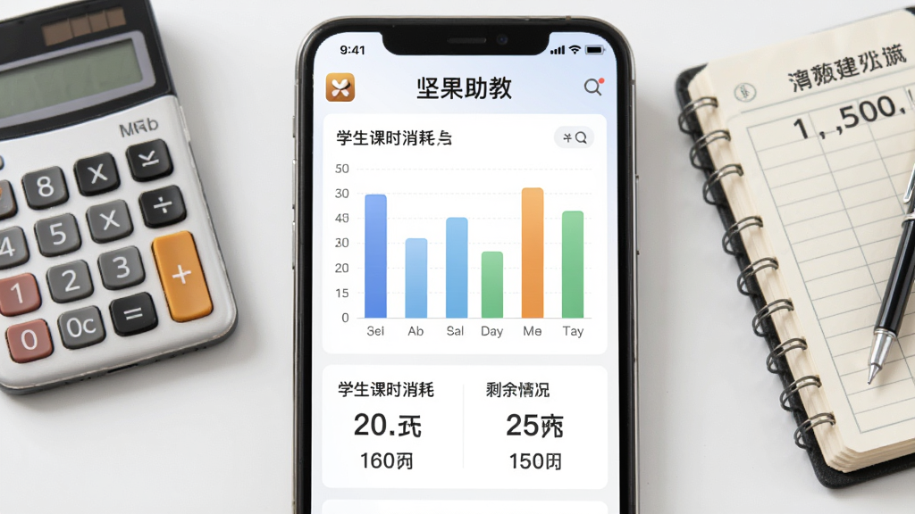 手机屏幕上展示“坚果助教”的课时统计报表界面,以柱状图和数字形式清晰展示学生课时消耗与剩余情况,旁边有计算器和账本作为辅助元素。布局以数据可视化为主,排版整齐,风格简洁商务,注重图表细节,画质干净,无多余元素。