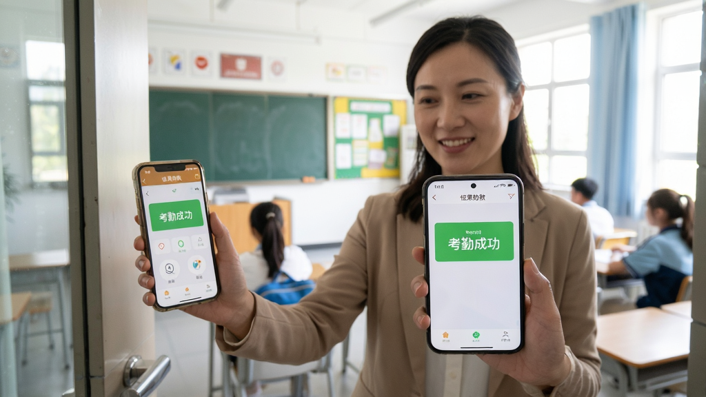 一位教师手持手机,在教室门口使用“坚果助教”为学生打卡签到,手机界面上显示“考勤成功”的绿色提示。构图以人物与手机交互为主,背景是明亮的教室。风格偏向纪实摄影感,画面布局均衡,细节到位,画质清晰干净,无多余元素。