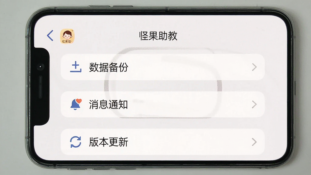 一张智能手机截图,展示“坚果助教”的设置页面,包含“数据备份”、“消息通知”、“版本更新”等选项。画面干净,以列表形式呈现,风格简洁,布局居中,细节清晰,画质高清,无多余元素。