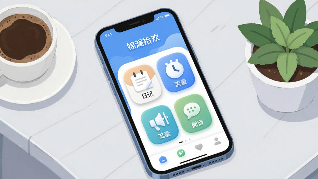画面主体为一部智能手机,屏幕居中显示“锦澜拾欢”APP的简洁主界面,包含日记、流量、翻译三个功能卡片图标。手机斜放在浅灰色桌面上,旁边有一杯咖啡和一小盆绿植。布局采用中心构图,手机屏幕内容清晰可见。整体风格为清新扁平化插画,色彩以蓝白为主,搭配淡绿点缀。细节上突出APP图标的圆润质感和界面清爽感,画质高清干净,无多余元素。